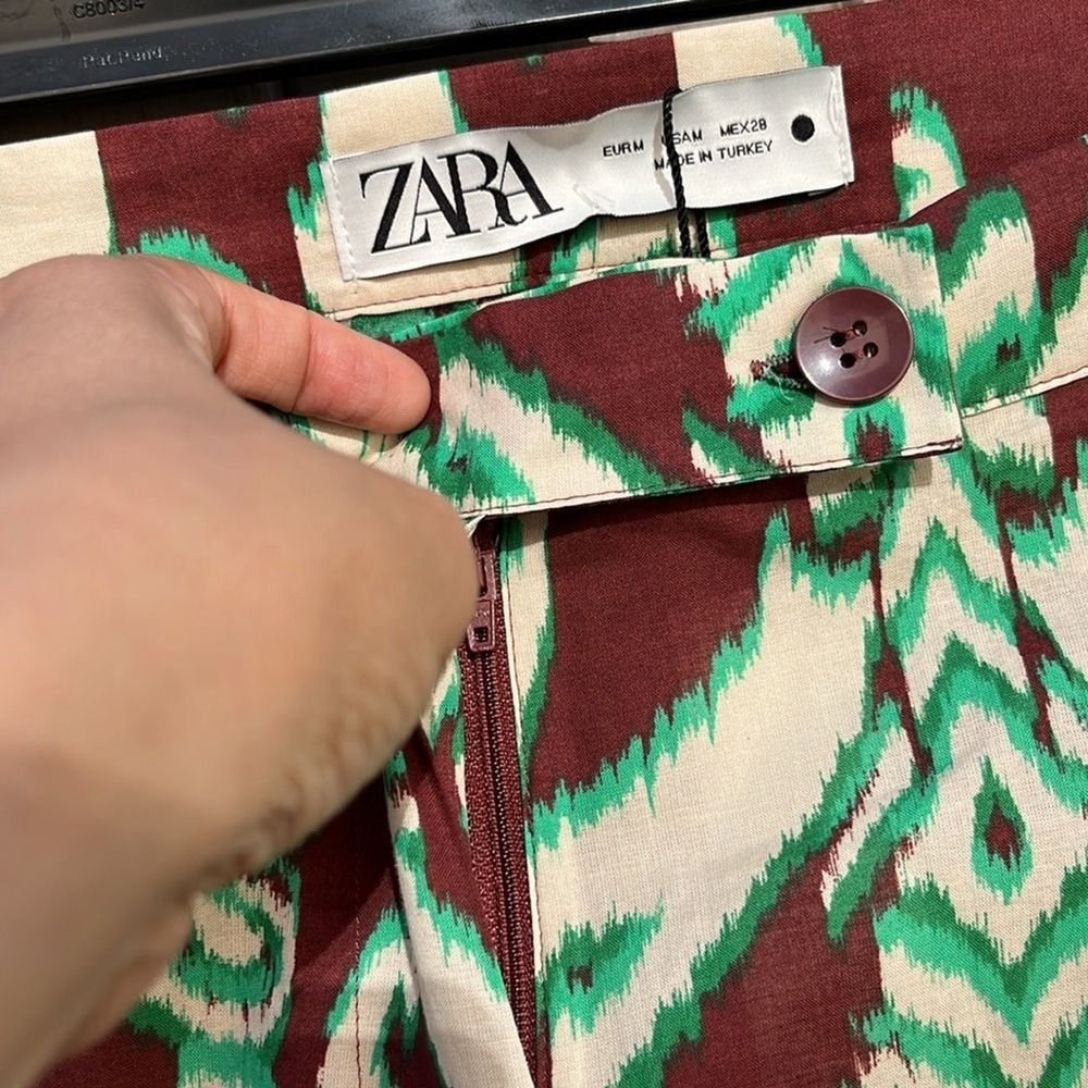 Zara Geometric Ikat Print Cotton Pants Straight Leg M Artsy Boho Psychedelic - Picture 8 of 12
